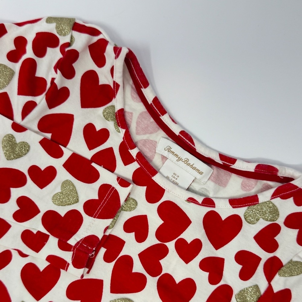 Tommy Bahama Girls Red Gold Glitter Heart Print Ruffle Peplum Top Size 8